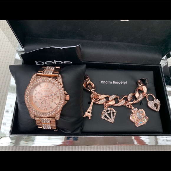 Bebe Accessories Bebe Rhinestones Watchcharm Bracelet Set Nwt Poshmark